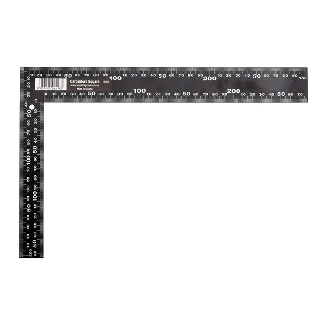 Black carpenter's square with measurement markings on a white background