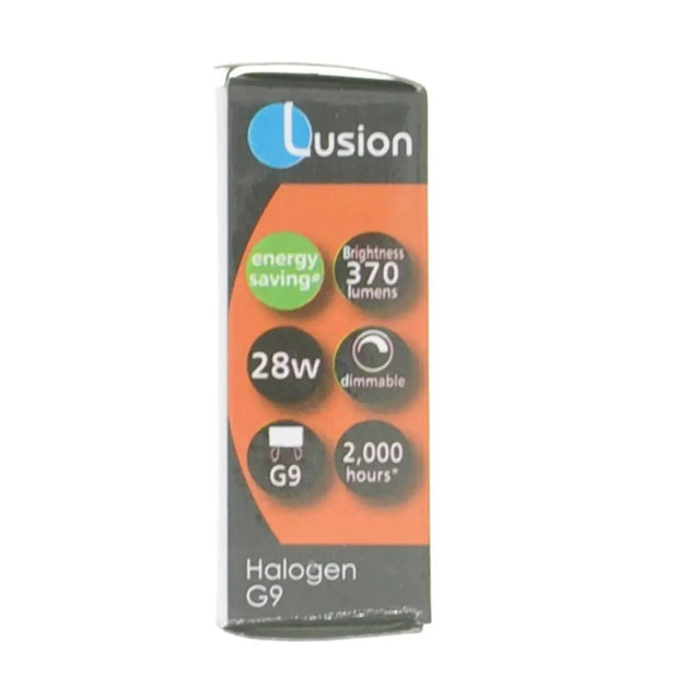 Lusion halogen G9 light bulb packaging on a white background