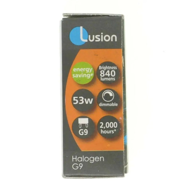 Lusion halogen G9 light bulb packaging on a white background