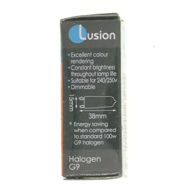 Lusion halogen G9 light bulb packaging on a white background