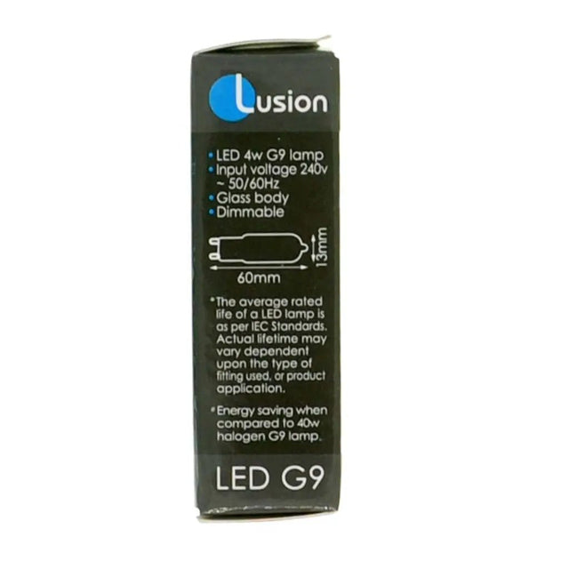 Lusion LED G9 lamp packaging on a white background