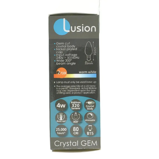 Lusion crystal gem LED bulb packaging on a white background