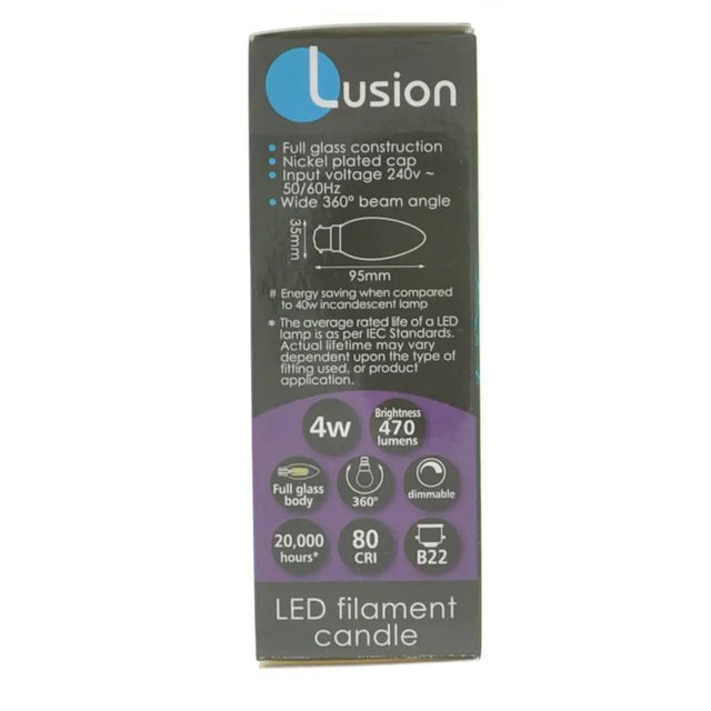 Lusion LED filament candle packaging on a white background