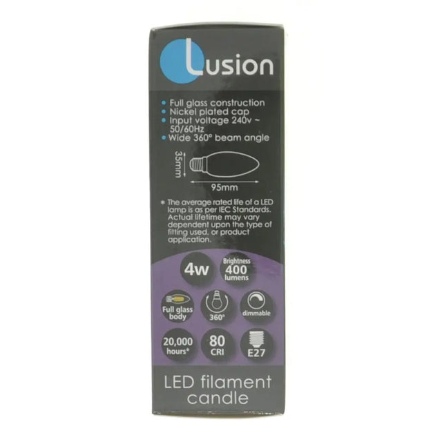 Lusion LED filament candle packaging on a white background