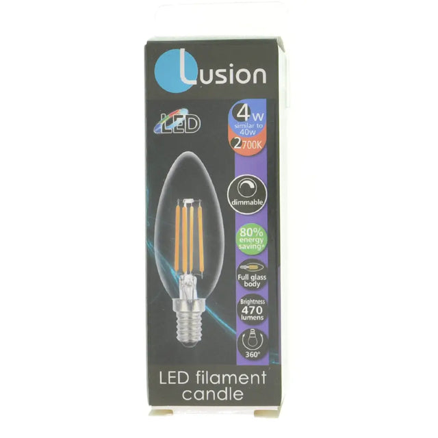 Lusion LED filament candle light bulb packaging on a white background
