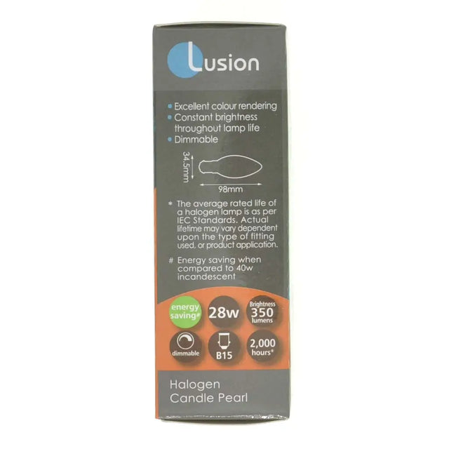 Lusion halogen candle pearl packaging with product details on a white background