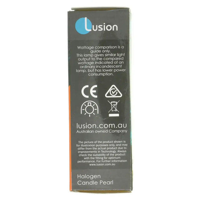 Lusion brand packaging for a halogen candle pearl light on a white background