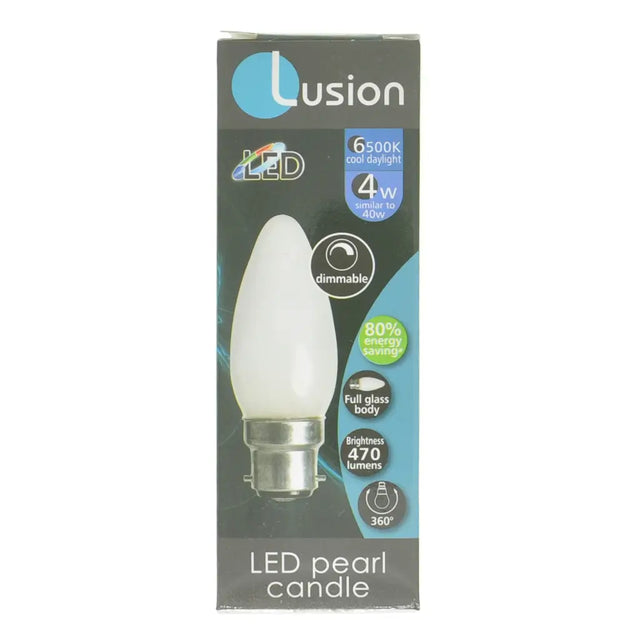 Lusion LED pearl candle bulb packaging on a white background