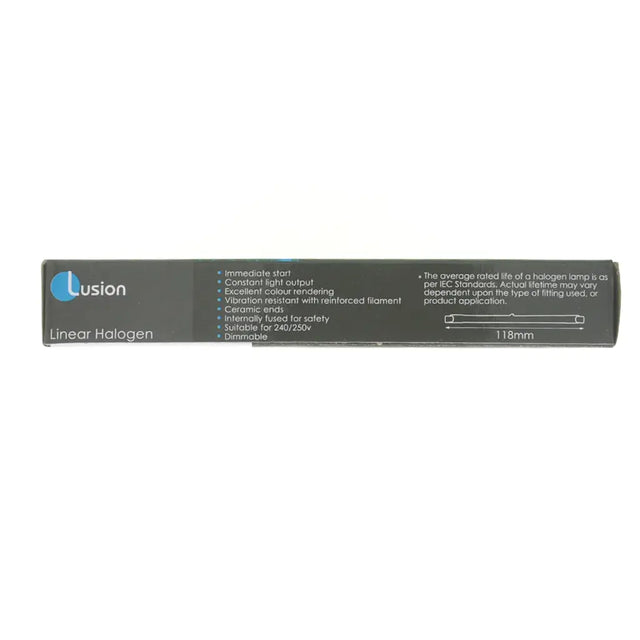 Lusion linear halogen light bulb packaging on a white background