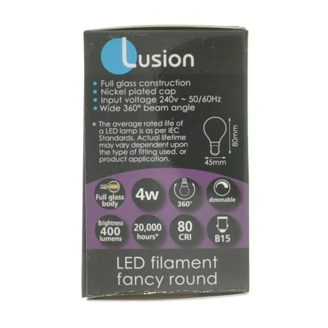 Lusion LED filament bulb packaging with specifications on a white background