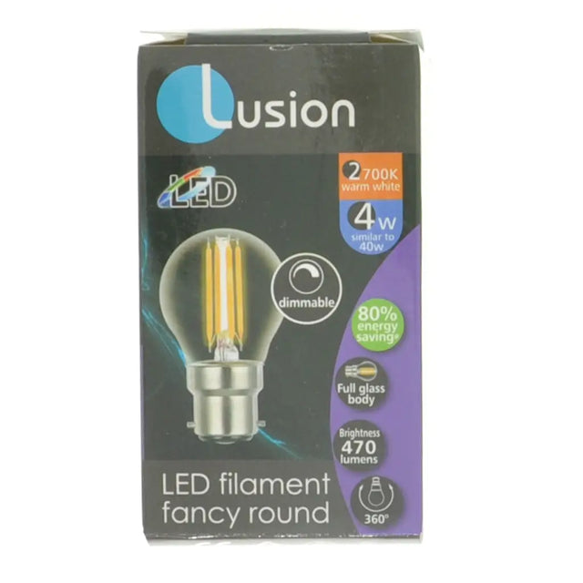 Lusion LED filament fancy round bulb packaging on a white background