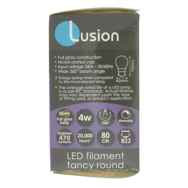 Lusion LED filament light bulb packaging on a white background