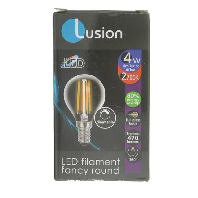 Lusion LED filament bulb packaging on a white background