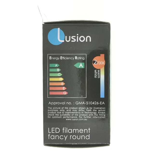 Lusion LED filament packaging with energy efficiency rating label on a white background
