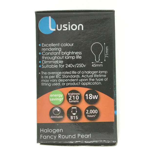 Lusion halogen bulb packaging with specifications on a white background