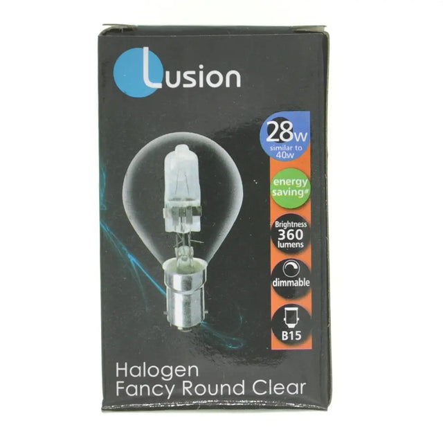 Lusion halogen bulb packaging with clear bulb illustration on a black background