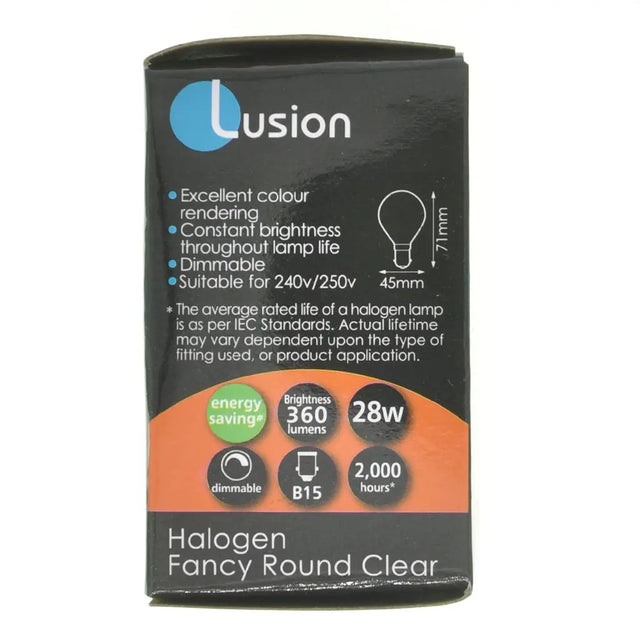 Lusion halogen fancy round clear bulb packaging on a white background