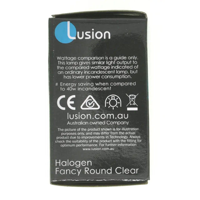 Lusion brand packaging for a halogen lamp with text and symbols on a white background
