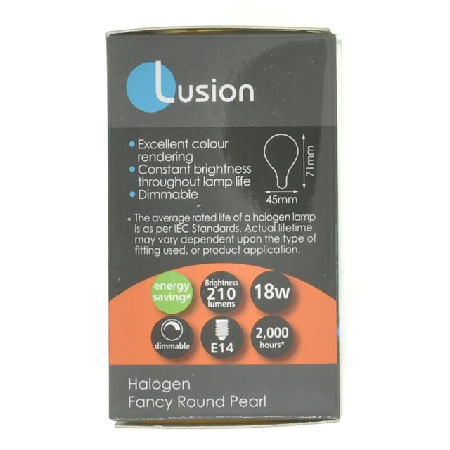 Lusion halogen bulb packaging with specifications on a white background