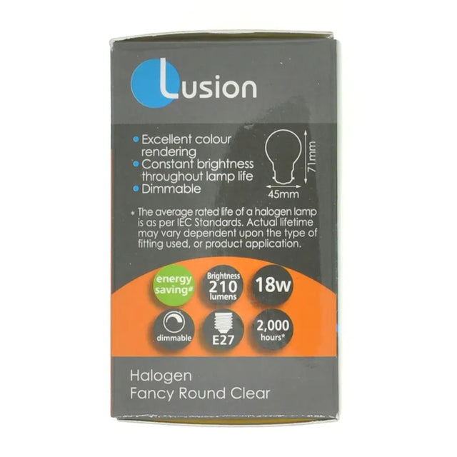 Lusion halogen bulb packaging on a white background