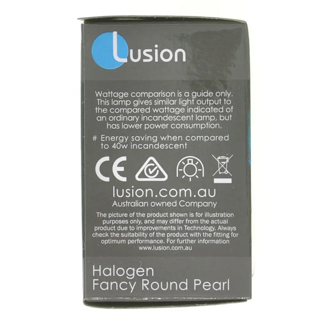 Lusion halogen lamp packaging with product details on a white background