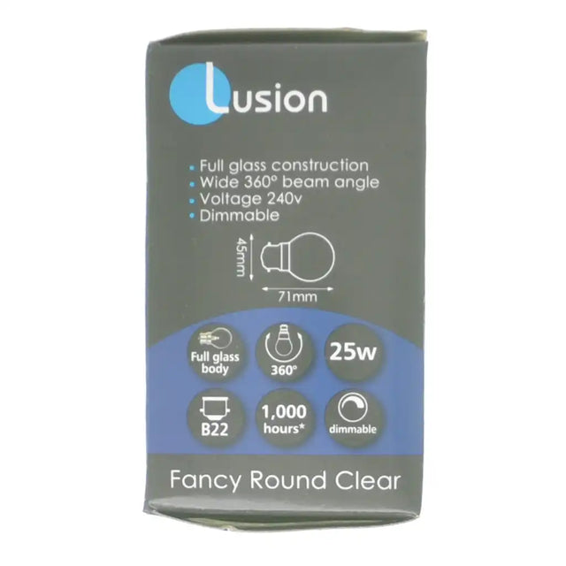 Lusion bulb packaging with specifications on a white background