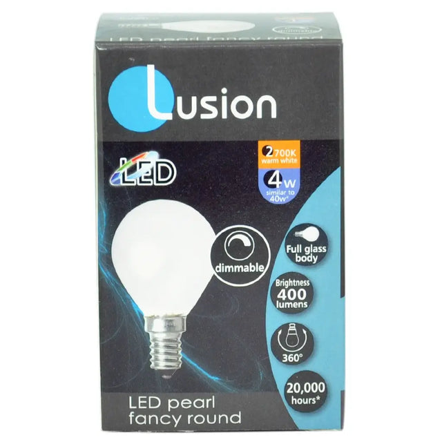 Lusion LED pearl fancy round light bulb packaging on a white background