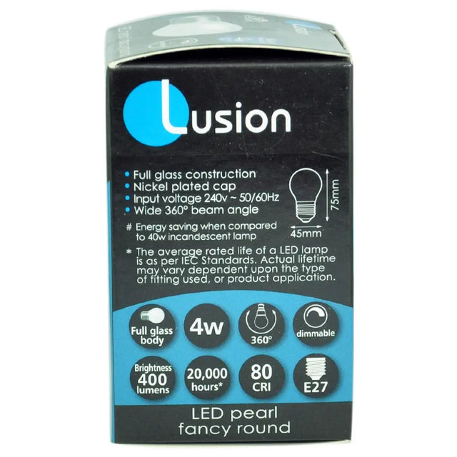 Lusion LED bulb packaging with specifications on a white background