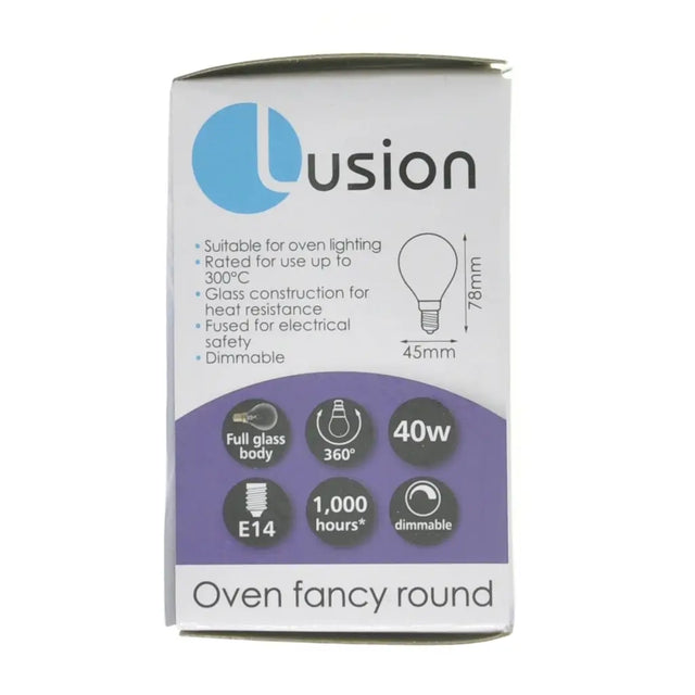 Lusion oven bulb packaging with product details on a white background