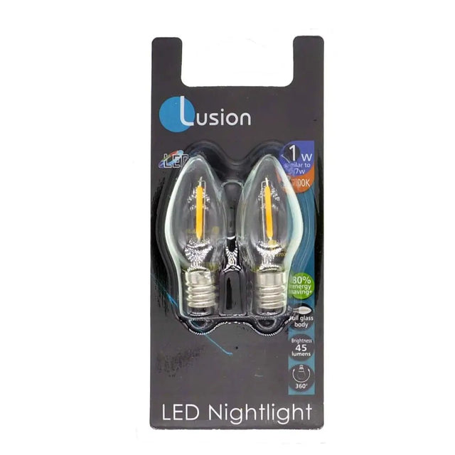 Packaged LED nightlight bulbs with Lusion branding on a white background