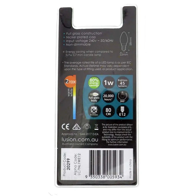 Back view of a LED light bulb packaging with technical specifications and branding.