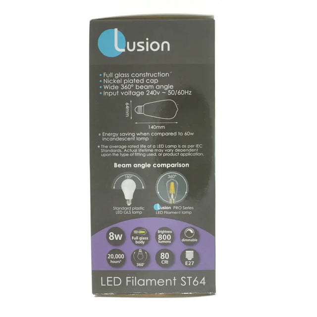 Lusion LED Filament ST64 packaging on a white background