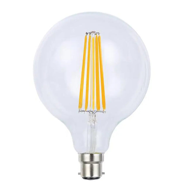 LED light bulb with visible filaments on a white background
