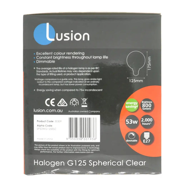 Lusion halogen G125 spherical clear light bulb packaging on a white background