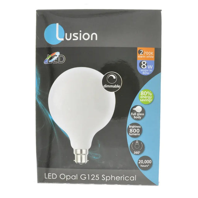 Lusion LED Opal G125 Spherical bulb packaging on a white background