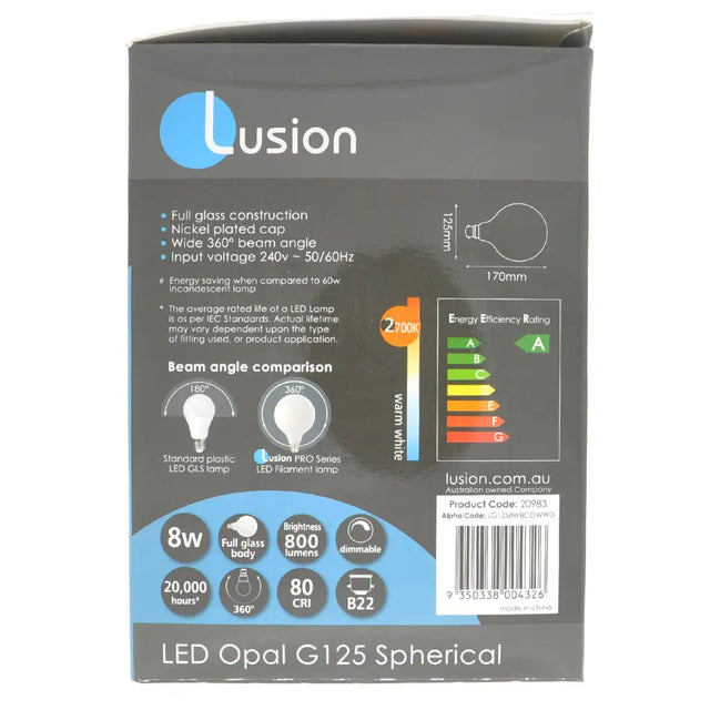 Lusion LED opal G125 spherical packaging with specifications and branding.