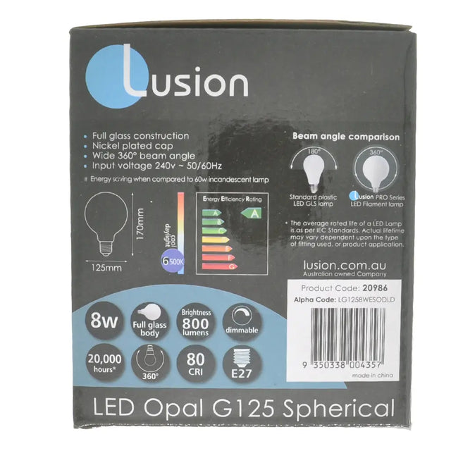 Lusion LED Opal G125 Spherical packaging with technical specifications.