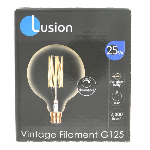 Lusion vintage filament G125 light bulb packaging on a white background