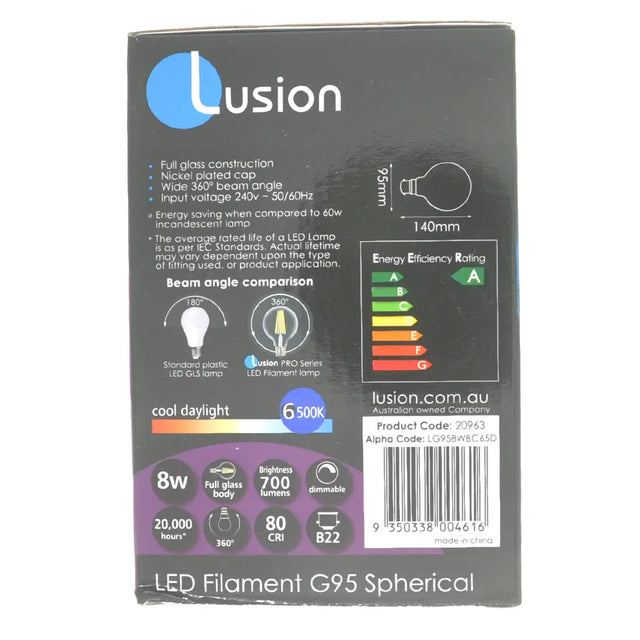 Lusion LED filament G95 spherical packaging with product details on a white background