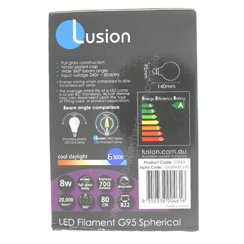 Lusion G95 Filament Spherical LED Light Bulb B22 240V 8W C/DL 20963-1