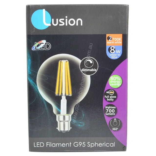 Lusion LED Filament G95 Spherical light bulb packaging on a white background