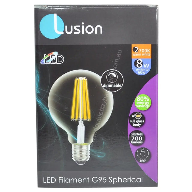 Lusion LED filament G95 spherical bulb packaging on a white background