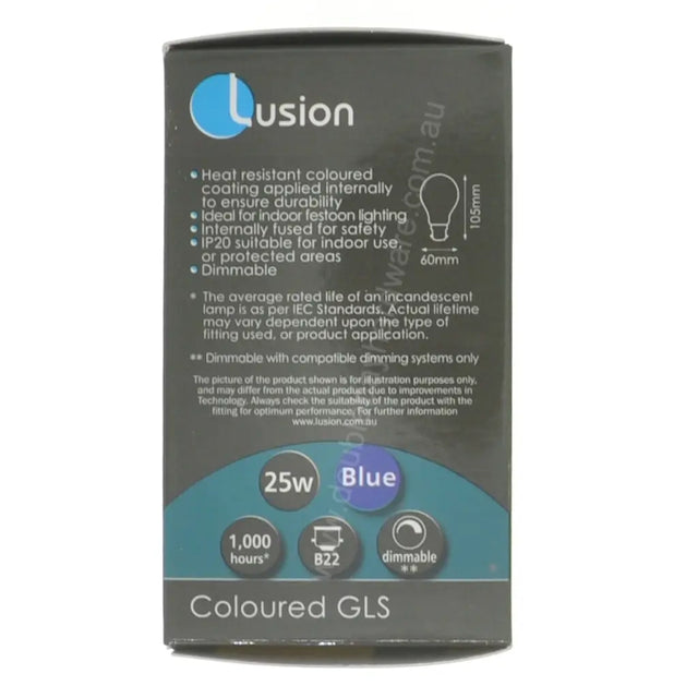 A 25W blue light-colored GLS replacement bulb packaging box by Lusion, featuring product specifications and compatibility details on a dark gray background.