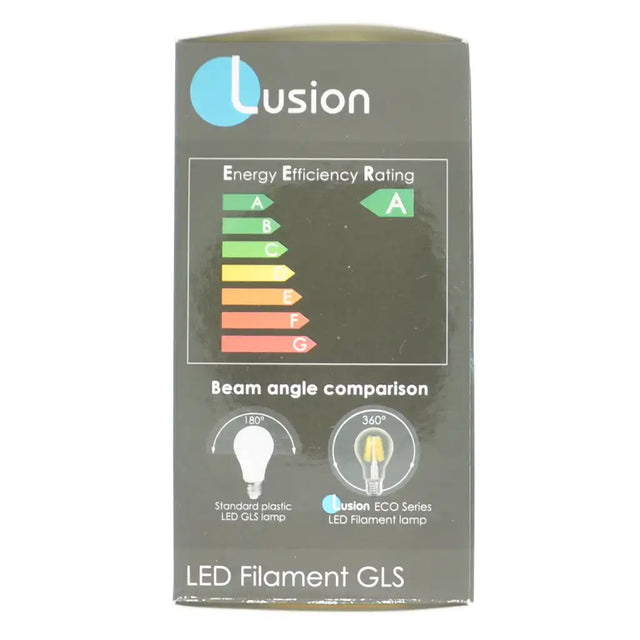 Lusion LED Filament GLS packaging with energy efficiency rating and beam angle comparison on a white background