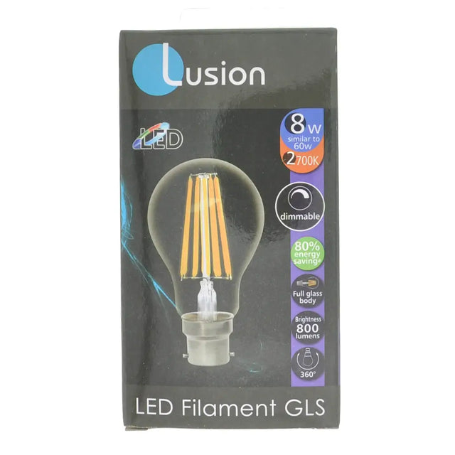 Lusion LED Filament GLS light bulb packaging on a white background