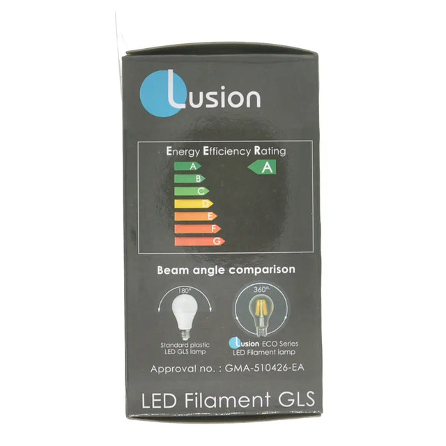 Lusion LED Filament GLS packaging with energy efficiency rating and beam angle comparison on a white background