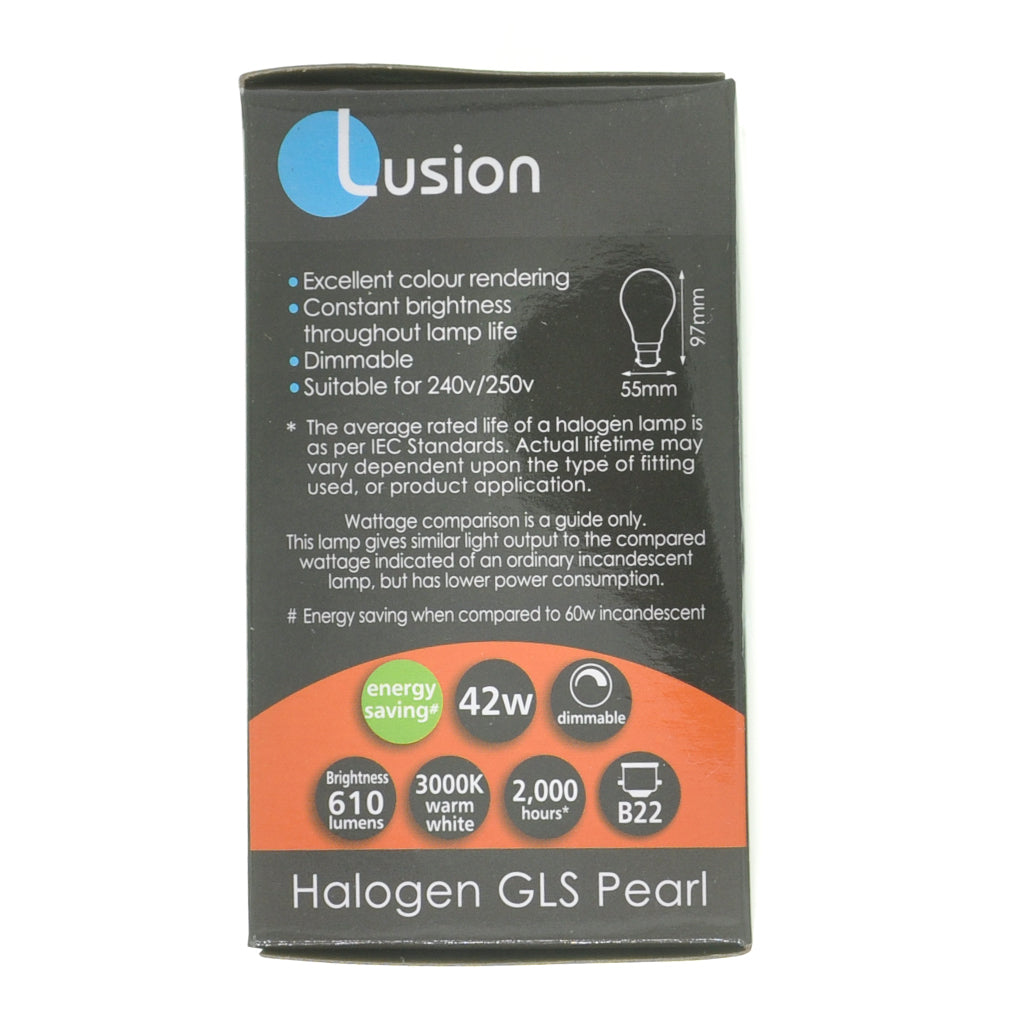 Lusion GLS Halogen Light Bulb B22 240V 42W Pearl 30023
