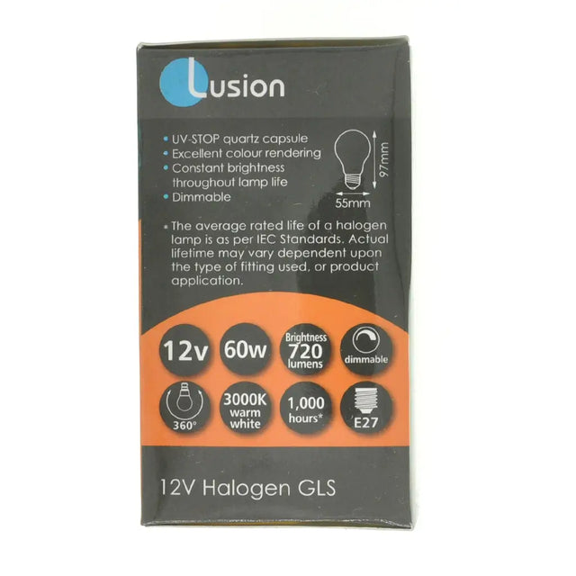 Lusion 12V Halogen GLS packaging with specifications on a white background