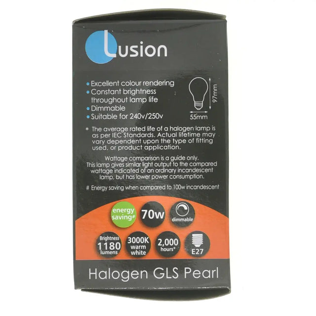 Lusion halogen GLS pearl light bulb packaging on a white background