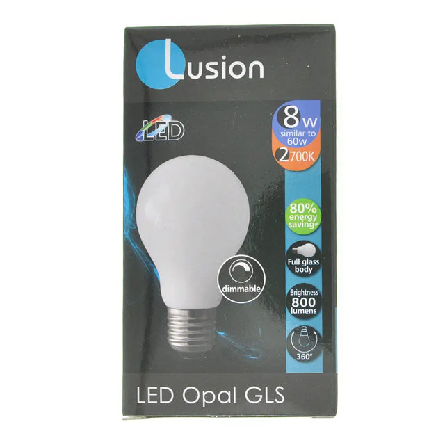 Lusion LED Opal GLS bulb packaging on a white background